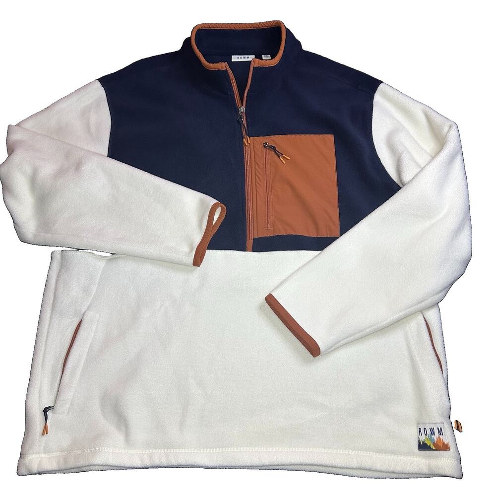 ROWM Fleece Pullover Mens XXL 1/4 Zip Colorblock Navy Cream Orange Pockets 2XL